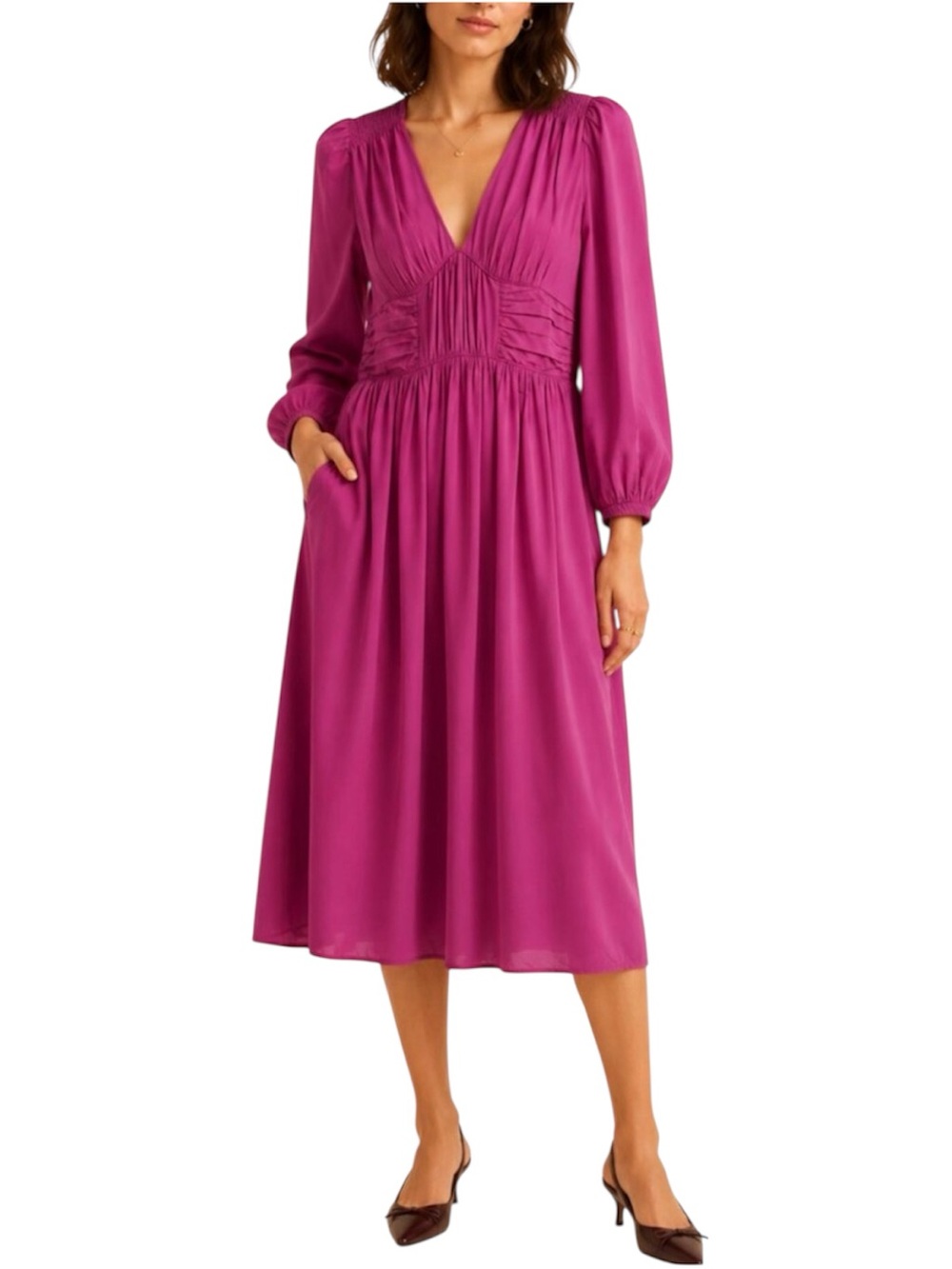 SEA New York‎ Fabiola Solid Habotai V-Neck Fuchsia Silk Midi Dress